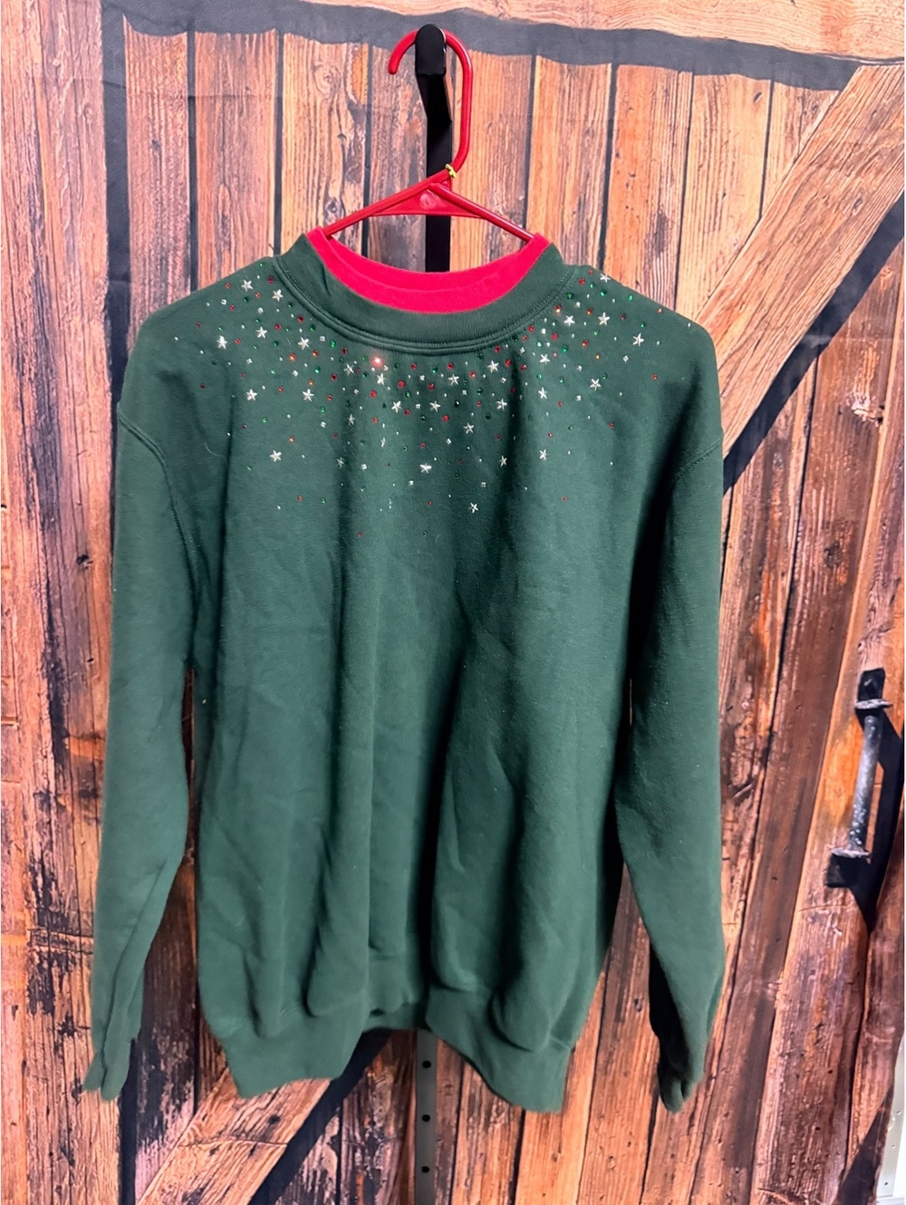 Top Stitch Green and Red Holiday Sweatshirt with Star Embellishments Size Large